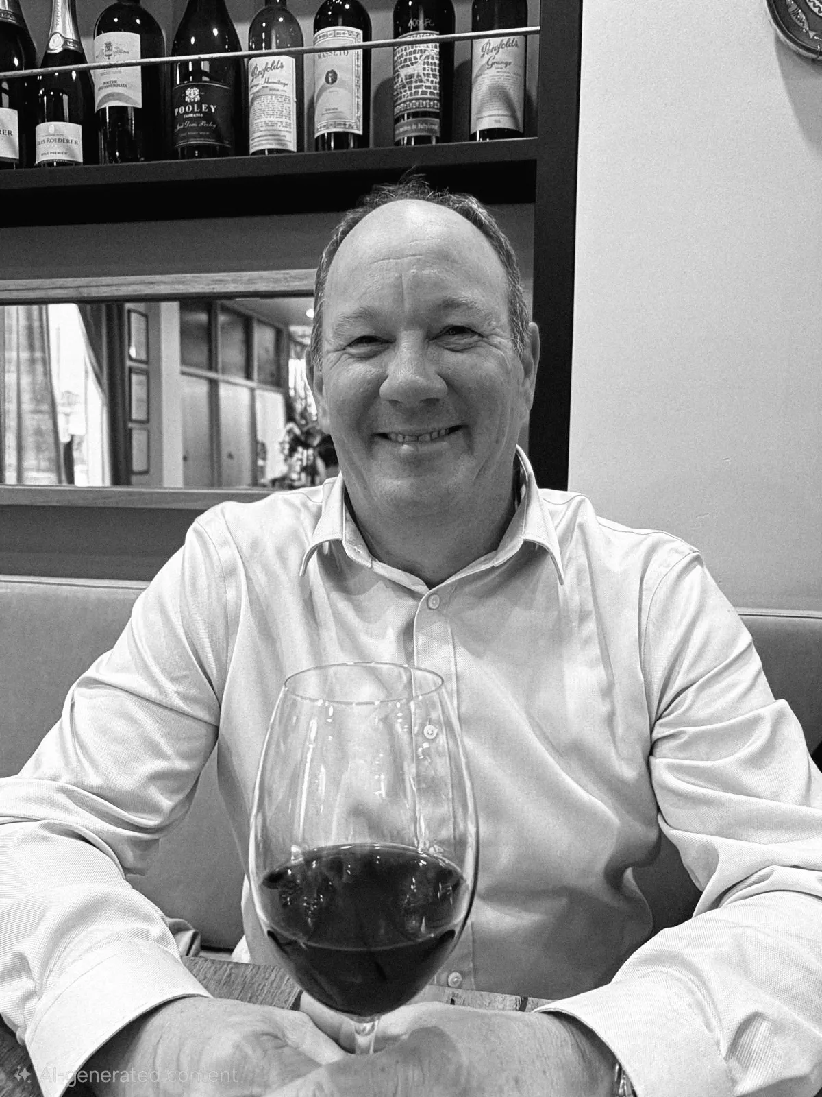 Murray Giggins seated with a glass of red wine